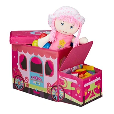 Afbeelding van Relaxdays speelgoedkist opvouwbaar opbergbox kind opbergruimte hocker Unicorn