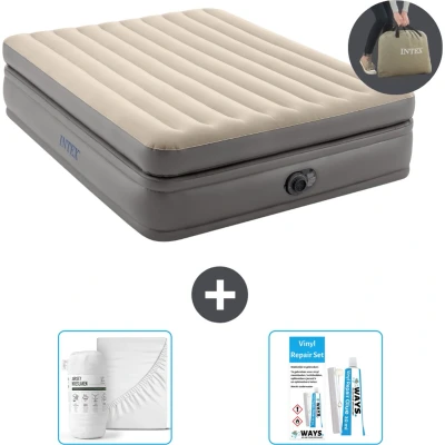 Afbeelding van Intex Luchtbedset 2 Persoons 152 x 203 51 cm Grijs Met Ingebouwde pomp + Hoeslaken Wit Reparatieset