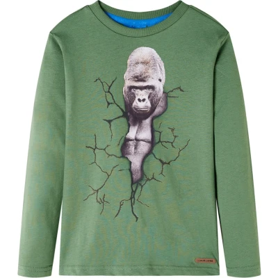 Afbeelding van Kindershirt met lange mouwen gorillaprint 128 lichtkakikleurig