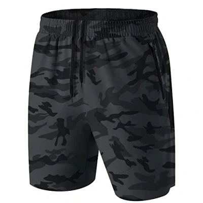 Afbeelding van HMIYA Sportshorts voor heren, sneldrogend, hardlopen, gym, casual, kort, lichtgewicht, met ritszakken, Camo Grijs, 5XL