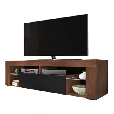 Afbeelding van Selsey HUGO tv kast, tafel, planken van glas, 140 cm, walnoot, glanzend zwart