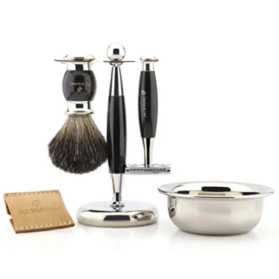 Afbeelding van Jag Shaving Luxe scheerset voor heren, met dubbelzijdig scheermes, scheerborstel, standaard, schaal en leren etui scheermesjes