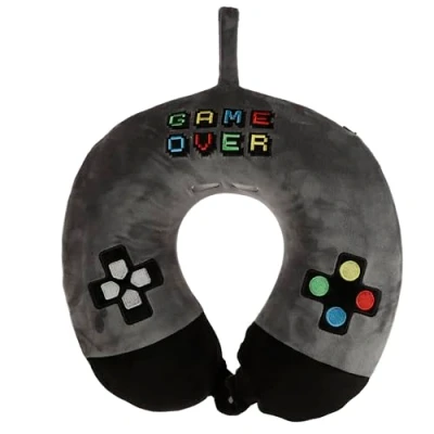 Afbeelding van Nekkussen met ophanglus voor kinderen game over grijs polyester reiskussen onderweg Nekkussens