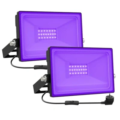 Afbeelding van Onforu 2 stuks 20 W LED blacklight spots, IP66 waterdichte lamp, UV schijnwerper met stekker, fluorescerende schijnwerper, podiumverlichting, licht voor party, disco, neonkleuren,