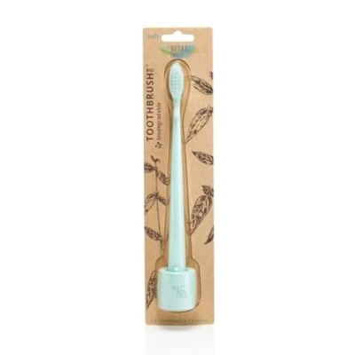 Afbeelding van The Natural Family Co. Bio Toothbrush and Stand, Soft Nylon Bristles with Non GMO Cornstarch Handles, Plastic Free Packaging Rivermint