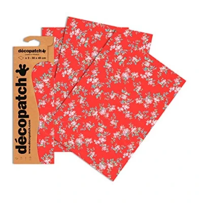 Afbeelding van Décopatch Ref C658O Rood &amp; Roze Bloemenpatroon Papier Pack Elk Vel 30 x 40cm, van 3 Papieren Vellen Best Gebruikt Met Décopach Lijm Vernis,