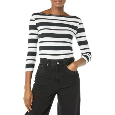 Afbeelding van Amazon Essentials Women&#039;s T shirt met driekwartmouwen, stevige boothals en slanke pasvorm, Zwart Wit Gestreepte streep, L