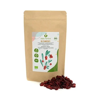 Afbeelding van biologische veenbessen (250g), gedroogde, licht gezoet met vruchtensap, uit gecontroleerde teelt, glutenvrij, lactosevrij, laboratorium getest, veganistisch