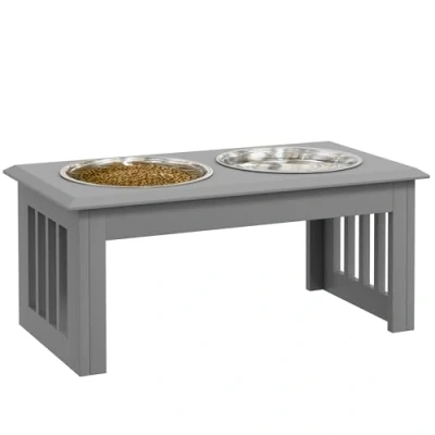 Afbeelding van PawHut Hondenbak met 2 bakken, voederbak van liter, verhoogde voerbak voor katten, onderhoudsvriendelijk, roestvrij staal, grijs, 58,4 x 30,5 25,4 cm