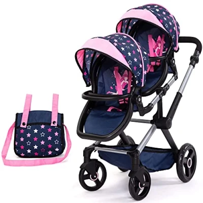 Afbeelding van Bayer Design 26716AA Tweeling poppenwagen Twin Xeo, wagen, verstelbare handgreep, tas, blauw, roze, sterren