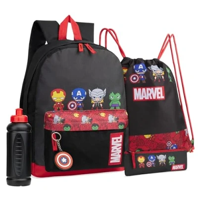 Afbeelding van Marvel Schooltassenset, 5 delige Set met rugzak, tas trekkoord, etui, waterfles en sleutelhanger jongenscadeaus, Zwart/Rood Avengers, Eén maat, Schooltas