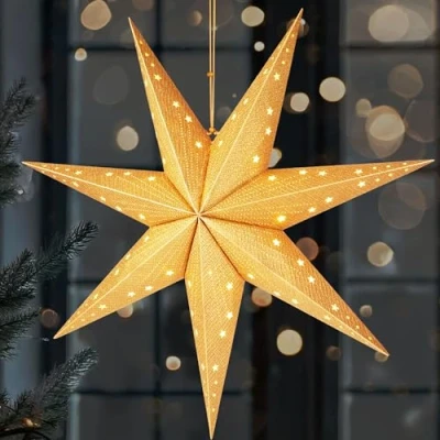 Afbeelding van BRUBAKER LED Kerstster om op te Hangen 60 cm Papieren Ster met 7 Punten 3D Adventsster Werkt Batterijen, Hangend en Verlicht Raamdecoratie Lichtster Goud