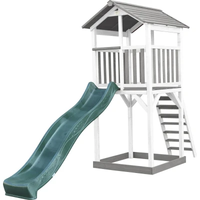 Afbeelding van AXI Beach Tower Speeltoestel van hout in Grijs en Wit Speeltoren met zandbak, groene glijbaan