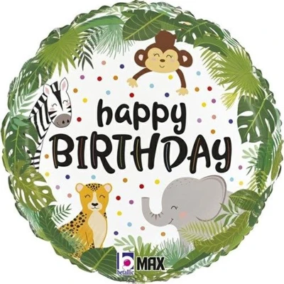 Afbeelding van Folieballon Happy Birthday Jungle Dieren 45 cm Helium en Luchtvulling