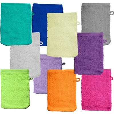 Afbeelding van Washandje badstof, 10 stuks (5x2 verschillende kleuren gesorteerd), ca. 15x20cm, 100% katoen, effen, walk washandjes gesorteerd)