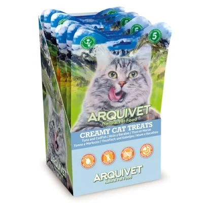 Afbeelding van Arquivet Creamy Cat Treats Romige snack met tonijn en kabeljauw (12 zakjes van 5 x 14 g) voor katten