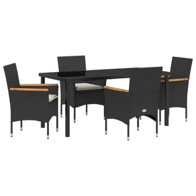 Afbeelding van vidaXL 5 delige Tuin Eettafel Set met Kussens Zwart Poly Rattan