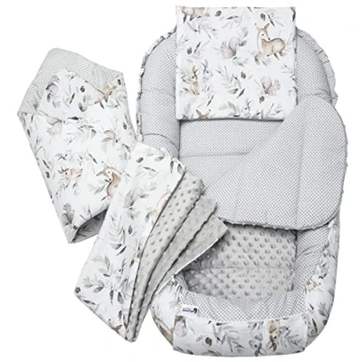 Afbeelding van Medi Partners 5 delige Babynest Set 100x60x15 Uitneembaar inzetstuk Bed Knuffel Nestje Baby deken Pasgeboren 100% katoen (Herten in bladeren met grijze Minky)