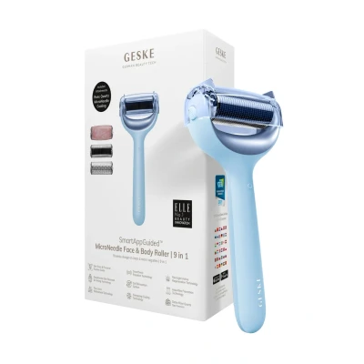 Afbeelding van GESKE SmartAppGuided™ MicroNeedle Face &amp; Body Roller 9 in 1 rozenkwarts Elektrische dermaroller Microneedling apparaat Schoonheidsroller voor gezicht en lichaam