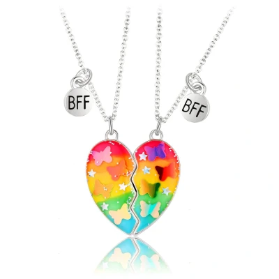 Afbeelding van Bixorp Friends BFF Ketting voor 2 met Gekleurd Vlinders Hart Zilverkleurig Vriendschapsketting twee