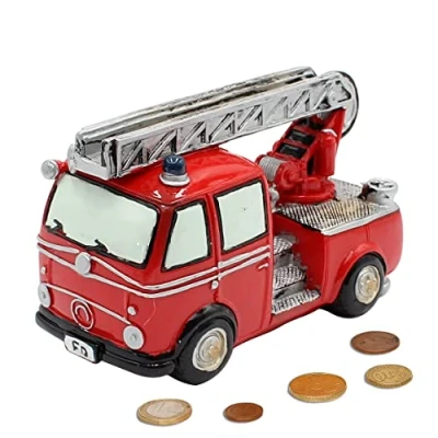 Afbeelding van Dekohelden24 Spaarpot als brandweer gemaakt van poly spaarauto in rood met rubberen sluiting, afmetingen L / B H: ca. 15 x 7 10 cm