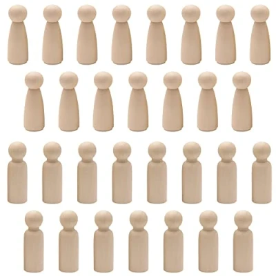 Afbeelding van Sixfolo 30 stuks houten figuren om te beschilderen, onafgewerkte speelfiguren, natuur, kleine figuren, poppen, lege kegels voor doe het zelf decoratie, knutselen, mannelijk en vrouwelijk (53 mm)