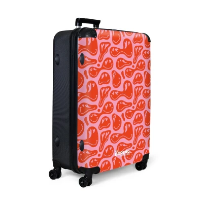 Afbeelding van NoBoringSuitcases.com® Koffer groot Reiskoffer lichtgewicht Roze met rode smileys Rolkoffer 4 wielen Grote trolley XL 98 liter bagage