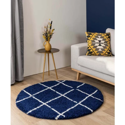 Afbeelding van Rond Hoogpolig Vloerkleed Ruiten Artisan Marineblauw/wit 240 Cm
