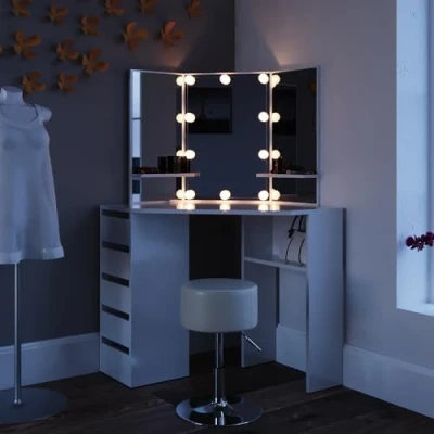 Afbeelding van Vicco Hoek kaptafel &quot;Arielle&quot;, Wit, 110 cm met LED verlichting en kruk