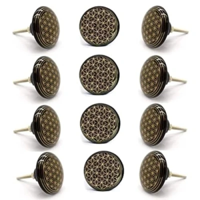 Afbeelding van Set van 12 handgeschilderde keramische knoppen in zwart en goud &quot;Mandala&quot;. Handgemaakte handvatten voor kasten, laden dressoirs. Klassieke 40 mm diameter