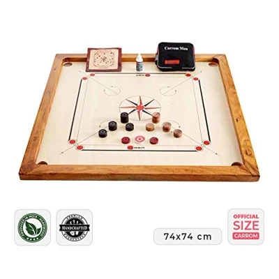 Afbeelding van Carrom 7kg Officiele 74x74 cm Hardhout India met draagtas voor de striker en stenen compleet Topmerk Carrombordspel Prof. Handgemaakt