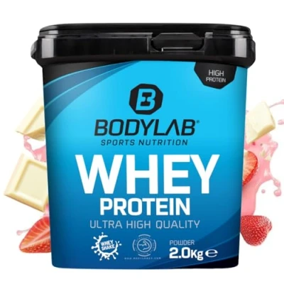 Afbeelding van Bodylab24 eiwitpoeder Whey Protein Aardbei met stukjes witte chocolade 2kg, poeder kan spieropbouw ondersteunen, Hoogwaardig 80% eiwit, Aspartaamvrij