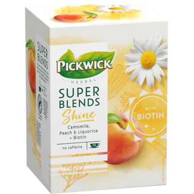 Afbeelding van Pickwick Super Blends Shine Kruidenthee met Kamille Perzik en Zoethout Bevat Biotine (60 Theezakjes 100% Natuurlijk) Cafeïnevrij 4 x 15 Zakjes