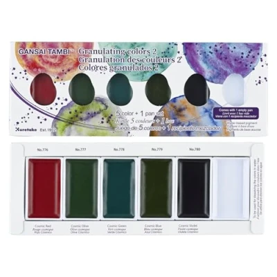 Afbeelding van Kuretake Gansai Tambi GRANULATING kleuren Ⅱ, 5 set, aquarel verf ideaal voor kalligrafie, illustraties, penseel belettering, fineart en meer, Made in Japan, MC20GN2/5V