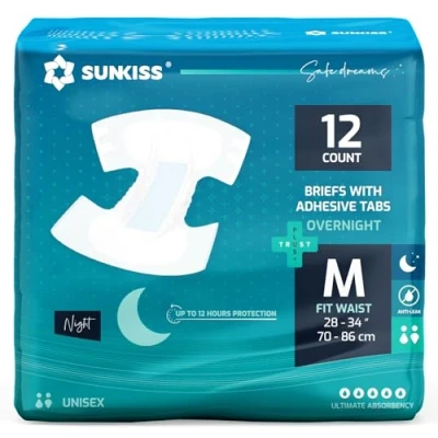 Afbeelding van SUNKISS TrustPlus Nachtluiers voor volwassenen met ultiem absorptievermogen, uniseks incontinentieslip lipjes mannen en vrouwen, geurbestrijding, medium, 12 stuks