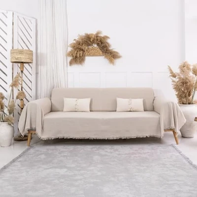 Afbeelding van Milam London Bankplaid, groot, 3 zits, bankovertrek, 100% katoen, banksprei, 180 x 300 cm, beige