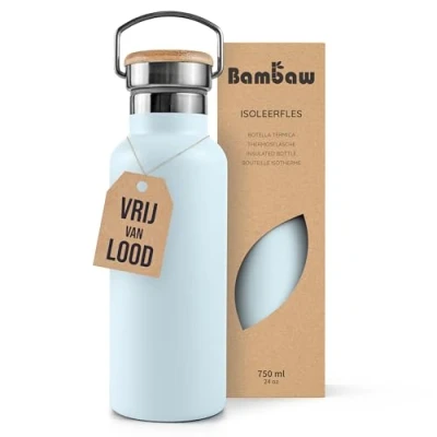 Afbeelding van Bambaw® 750ml RVS Thermosfles Dubbelwandig, Milieuvriendelijk, Lekvrijen, loodvrij en Plasticvrij Geïsoleerde Fles met Bamboe Deksel voor Warme Koude Dranken Ideaal Reizen, Werk, Yoga, Wandelen Dagelijks Gebruik lichtblauw