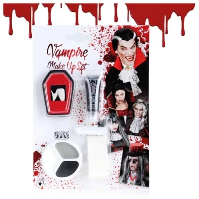 Afbeelding van COM FOUR® 5 delige Halloween make upset vampierkostuumaccessoires met vampiertanden, nepbloed, spons, plakparels en uppalet