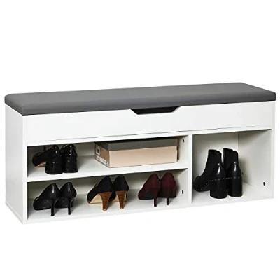 Afbeelding van Meerveil Schoenenbank van E1 houten spaanplaat, opklapbare schoenenkast met zitkussen, hal schoenenrek 104 x 45 30 cm (wit), H1071SB02WT, 104D 30W 45H
