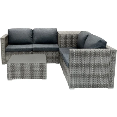 Afbeelding van Rotan Modulaire Tuinmeubelen 6 Delige Set, Grijs, 4 Zits Zitbank, Sectionele Stoelen met Kussens, Salontafel Glazen Blad, 250L Opbergkist, Wasbare Waterdichte Regenhoes, Buiten, Terras