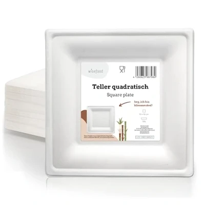Afbeelding van wisefood Suikerrietborden, 50 stuks bagasse wegwerpborden, vierkant, 16 cm, ideaal als feestborden of dinerborden, duurzaam wegwerpservies zonder PLA/PE