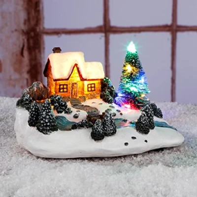 Afbeelding van Spetebo Led kerststad, huis met dennenbomen, 18 cm, kerstdorpscène 9 kleurrijke leds, kerstdecoratie, tafeldecoratie, verlicht