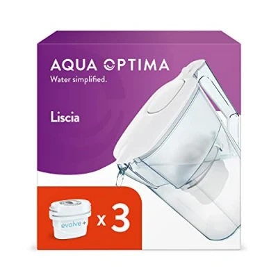 Afbeelding van Aqua Optima Liscia Waterfilterkan &amp; 3 x 30 dagen Evolve+ filterpatronen, 2,5 liter inhoud, voor reductie van microplastics, chloor, kalk en onzuiverheden, wit (verpakking kan variëren)