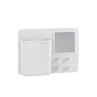 Afbeelding van WENKO Ampio Organizer met spiegel en haken, wit, make up organizer, bevestigen zonder boren, siliconen, 20 x 15 5 cm, wit