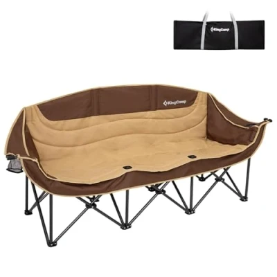 Afbeelding van KingCamp Driezitsbank, opvouwbaar, tot 300 kg, comfortabel, campingstoel, 3 zits, met bekerhouder en armleuning, oversized tuinstoel voor camping, picknick, festival, voetbal, concert, outdoor, groen