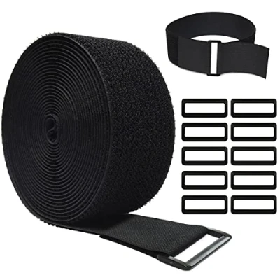 Afbeelding van WSZJINB 5 m x cm klittenband met 10 gespen, vrije snijlengte, klittenbandkabelbinders, herbruikbaar, kabel klittenband, klittenbandsluiting, breed, zwart