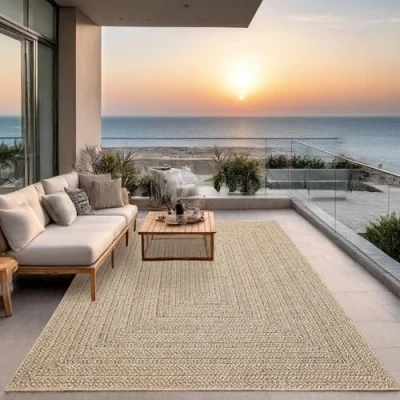 Afbeelding van Buitentapijt met jute look 240x340 Rechthoekig vierkant patroon natuurlijke voor tuin, balkon of terras Weer en UV bestendig Tuintapijt The Carpet KANSAS