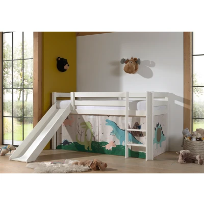Afbeelding van LUCEVI Pino Halfhoogslaper H115CM + Ladder Glijbaan Dino Gordijntjes Wit 90x200 cm