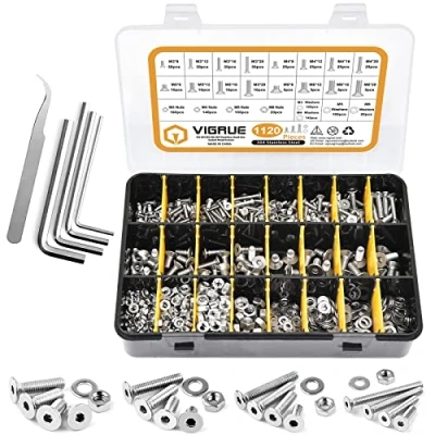 Afbeelding van VIGRUE 1120 stuks M3 M4 M5 M6 schroeven met verzonken kop binnenzeskant zeskant platte knop schroef set A2 70 roestvrij staal moeren en sluitringen assortiment