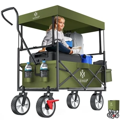 Afbeelding van KESSER® Bolderkar opvouwbaar Bolderwagen tot 100 kg draagvermogen Transportkar met massieve banden en Voorwielrem Strandkar 2 gaas zakken, Beschermhoes buitentas, Khaki